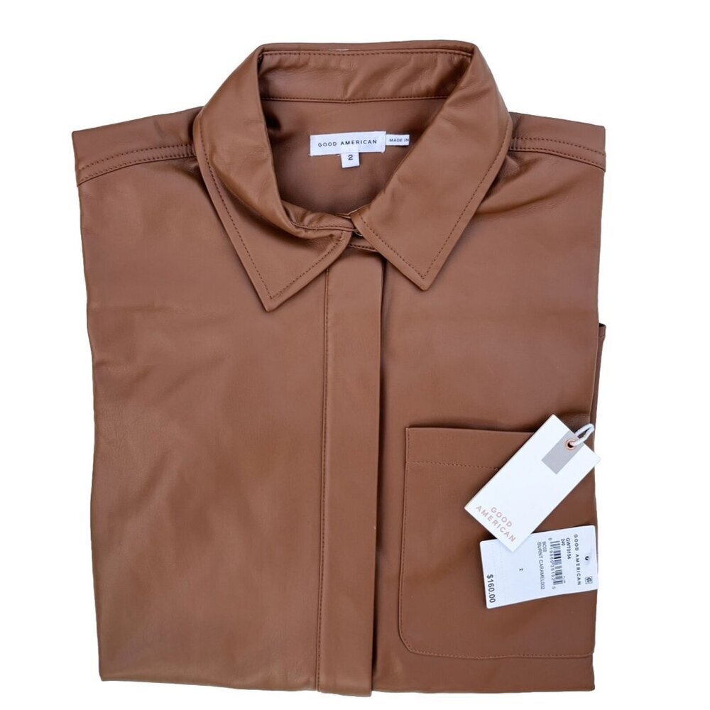 Good American Better Than Leather Shirt Women's Faux Leather Size 2 Burn Caramel - Picture 7 of 13